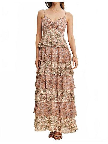 In February Penelope Tiered Ruffle Maxi Dress in Beige Multi (view 2)
