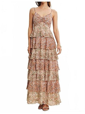 In February Penelope Tiered Ruffle Maxi Dress in Beige Multi (view 2)