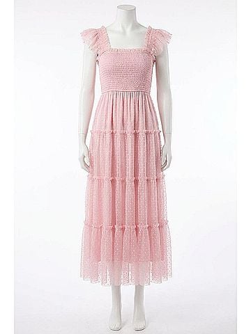 Blu Pepper Polka Dot Chiffon Smocked Tiered Midi Dress in Pink (view 1)