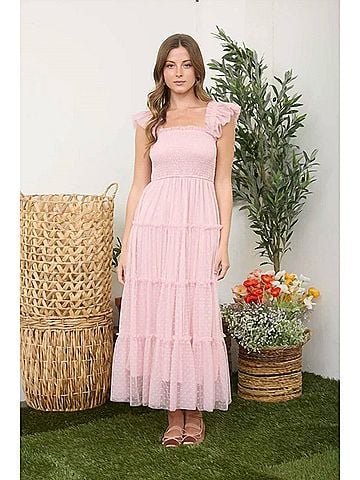 Blu Pepper Polka Dot Chiffon Smocked Tiered Midi Dress in Pink (view 2)