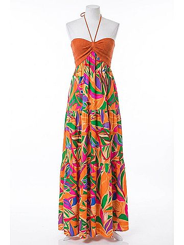 Flying Tomato Sunset Getaway Crochet &amp; Print Maxi Dress in Orange (view 1)
