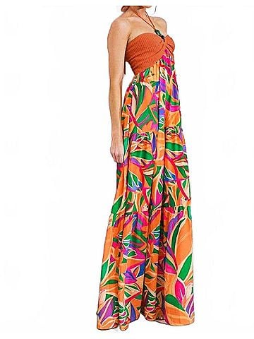 Flying Tomato Sunset Getaway Crochet &amp; Print Maxi Dress in Orange (view 2)