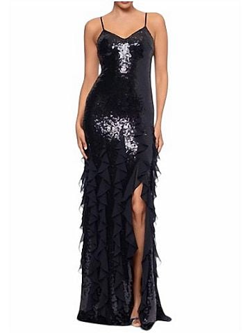Betsy & Adam Sophisticated Sequin &amp; Ruffle Gown in Black (view 2)