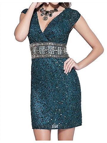 Shail K Beaded Silk Short Cocktail Dress in Teal/Bronze (view 2)