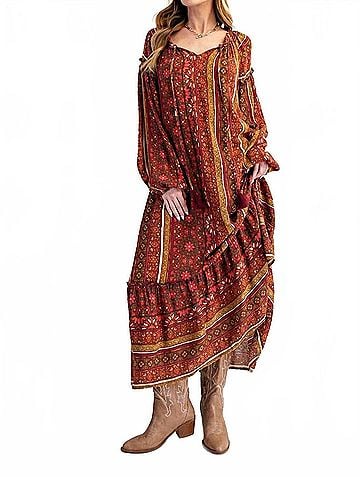 Easel Floral Printed Tiered Maxi Dress in Brown (view 2)