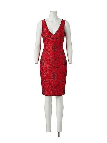 Siena Studio V-Neck Embroidered-Mesh Sleeveless Midi Dress in Red (view 1)