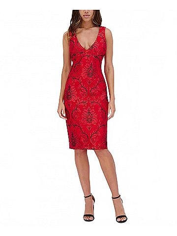 Siena Studio V-Neck Embroidered-Mesh Sleeveless Midi Dress in Red (view 2)
