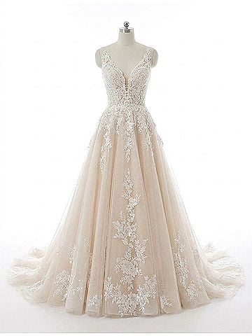 Demetrios Beaded Lace Tulle Gown in Ivory/Sheer/Nude (view 1)