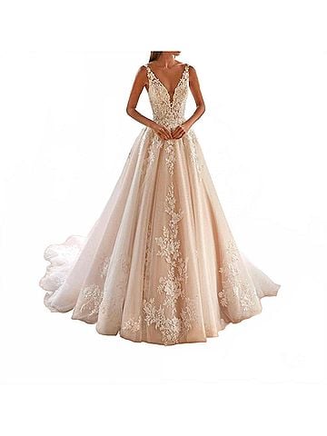 Demetrios Beaded Lace Tulle Gown in Ivory/Sheer/Nude (view 2)