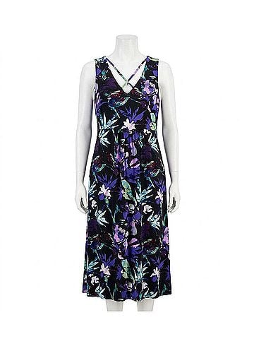 Connected Apparel Strappy V-Neck Floral Midi Dress in Purple (view 1)
