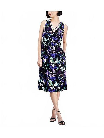 Connected Apparel Strappy V-Neck Floral Midi Dress in Purple (view 2)