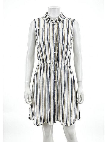 Red Haute Sleeveless Button Front Dress in Assampled Stripe (view 1)