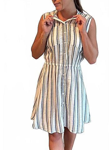 Red Haute Sleeveless Button Front Dress in Assampled Stripe (view 2)