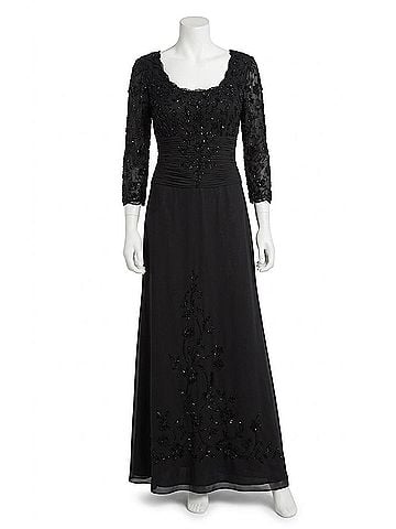 VM Women's Long Sleeve Jeweled Lace Gown in Black (view 1)