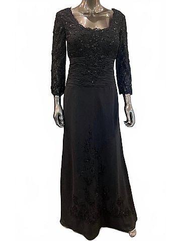 VM Women's Long Sleeve Jeweled Lace Gown in Black (view 2)