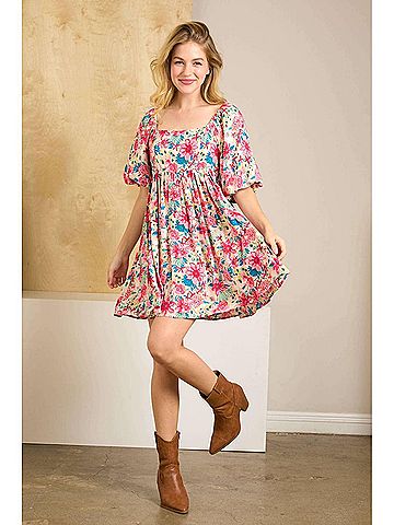 In the Beginning Squareneck Mini Dress in Pink Floral (view 2)
