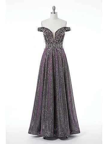 Panoply Women's Beaded Off Shoulder Shimmer Gown in Purple Silver (view 1)