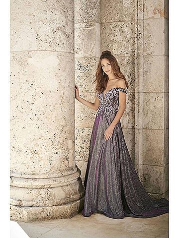 Panoply Women's Beaded Off Shoulder Shimmer Gown in Purple Silver (view 2)