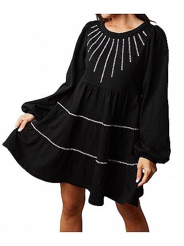 Fantastic Fawn Starlight Long Sleeve Mini Dress in Black (view 2)