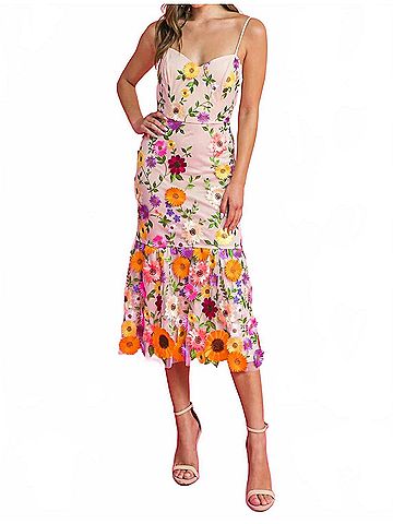 Flying Tomato Elle 3d Floral Midi Dress in Beige (view 2)