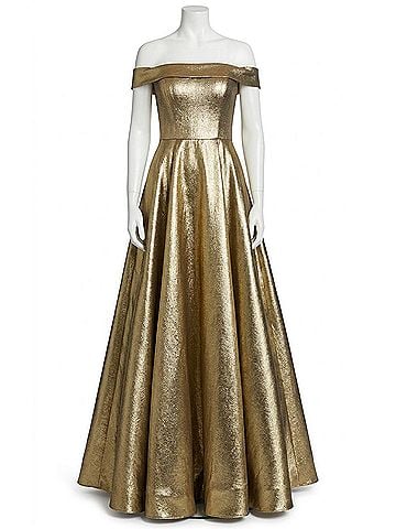 IEENA for Mac Duggal Off The Shoulder Metallic Ball Gown in Gold (view 1)