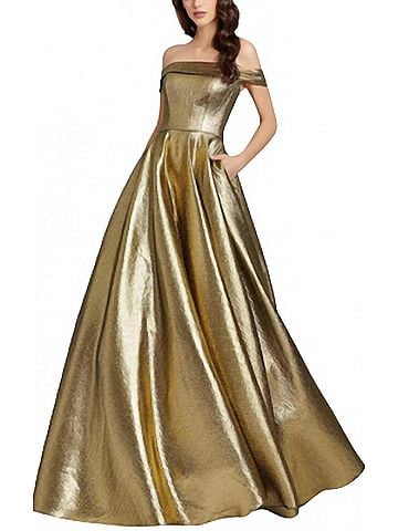 IEENA for Mac Duggal Off The Shoulder Metallic Ball Gown in Gold (view 2)