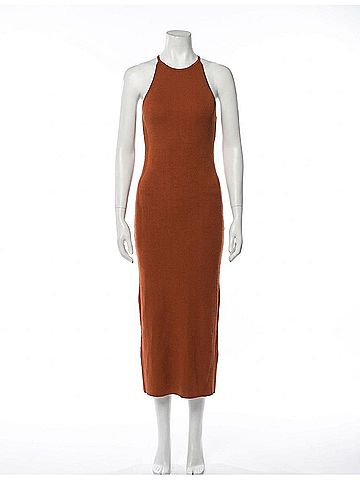 Crescent Irina Halterneck Criss-Cross Back Midi Knit Dress in Rust (view 1)