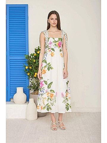 Blu Pepper Floral Empire Waist Midi Dress in Off White Multi (view 2)