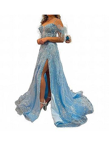 Sherri Hill Sequin Ball Gown With Corset Top in Light Blue (view 2)