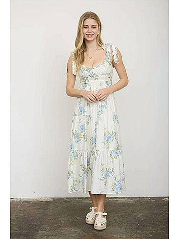 Blu Pepper Tulah Floral Tie Strap Tiered Midi Dress in Blue Yellow Multi (view 2)