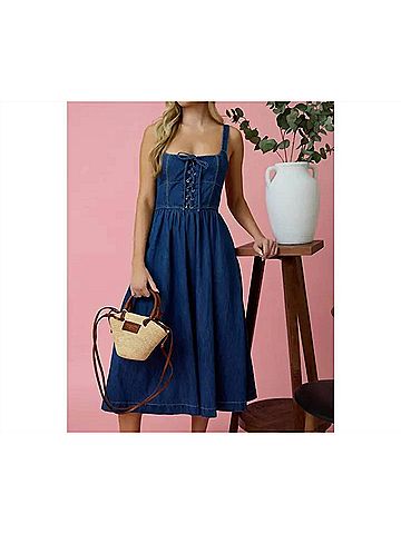 Blu Pepper Lace Up Sleeveless Midi Dress in Denim (view 2)