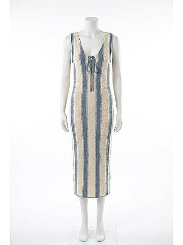 Mustard Seed Knit Deep V-Neck Tie Front Midi Dress in Blue Multi (view 1)