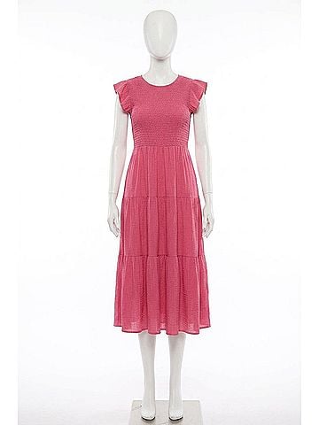 Blu Pepper Smocked Tiered Midi Dress in Hot Pink (view 1)