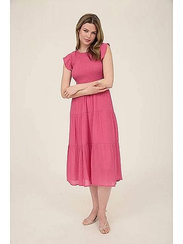 Blu Pepper Smocked Tiered Midi Dress in Hot Pink (view 2)