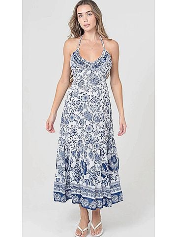 Angie Halter Neck Maxi Dress in Blue Multi (view 2)