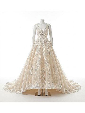 Demetrios Camila V-Neckline Ball Gown in Ivory/Sheer (view 1)
