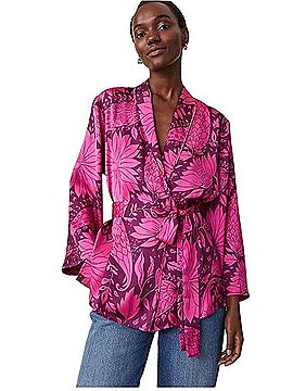 Ann Taylor Satin Floral Tie Wrap Blouse Long Sleeve T-Shirt (view 1)