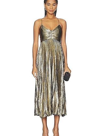 Astr Metallic Gold Pleated Midi Dress Cocktail Dress (view 1)