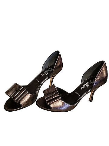 Butter Metallic Pewter Open-Toe Heels with Bow Detail Heels (view 1)