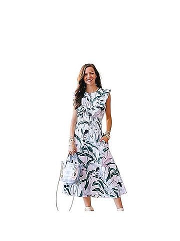 Tory Burch Smocked Printed Floral Ruffle Dress Casual Dress (view 1)
