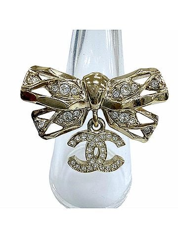 Chanel CHANEL B24B Coco Mark Ribbon Rhinestone Ring, Gold, Made in Italy, Women's, with Box and Dust Bag. (view 1)