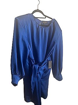 ELOQUII Cobalt Satin Tie-Waist Long Sleeve Dress Cocktail Dress (view 1)