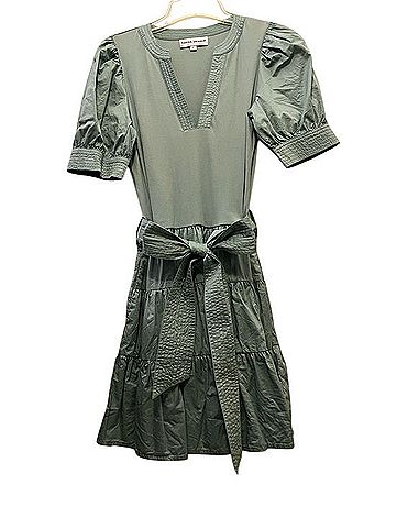 Karina Grimaldi Sage Green Puff-Sleeve Tie-Waist Midi Dress Casual Dress (view 1)