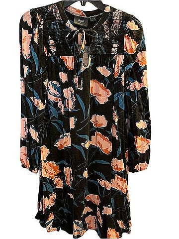 Maeve Black Long-Sleeve Floral Tie-Neck Dress with Pink Blooms Casual Dress (view 1)