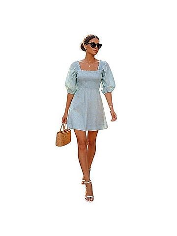 Ganni Light Blue Puff-Sleeve Mini Dress Casual Dress (view 1)