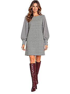 BCBGMAXAZRIA Mixed Plaid Balloon Sleeve Shift Casual Dress (view 1)