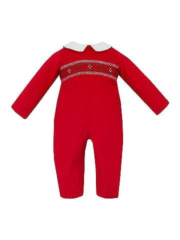 Anavini Girl's Corduroy Smocked Long Sleeve Ralph Romper in Red (view 1)