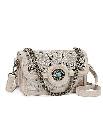Trinity Ranch Cowhide Floral Cutout Crossbody Bag in Tan (view 1)