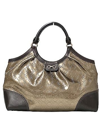 Salvatore Ferragamo Salvatore Ferragamo Ferragamo handbag for women, brand name, double Gancini tote bag, patent leather, metallic brown, gold, gray, silver hardware, metallic. (view 1)