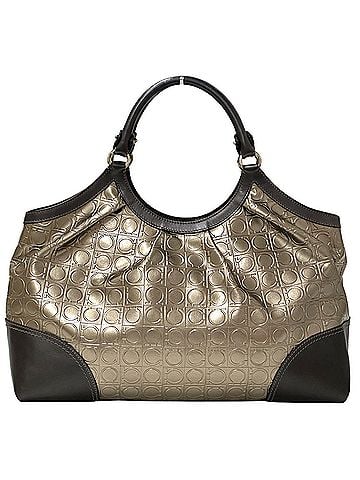 Salvatore Ferragamo Salvatore Ferragamo Ferragamo handbag for women, brand name, double Gancini tote bag, patent leather, metallic brown, gold, gray, silver hardware, metallic. (view 2)